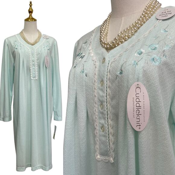 NWT Miss Elaine Cuddleknit Pastel Green Embroidered Nightgown Women’s size L - Picture 1 of 10